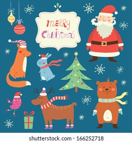 Merry Christmas vector set. Fox, Santa, Bear, Christmas tree, Deer, Bird, Christmas toys.