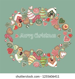 Merry Christmas vector set. Gingerbread  set. Winter holiday background.