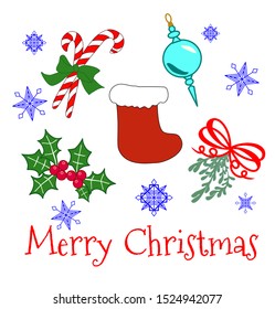 Merry Christmas vector set mistletoe red ribbon bow Holly berries candy sticks gift stocking snowflakes calligraphy design elements isolated winter holidays illustrations