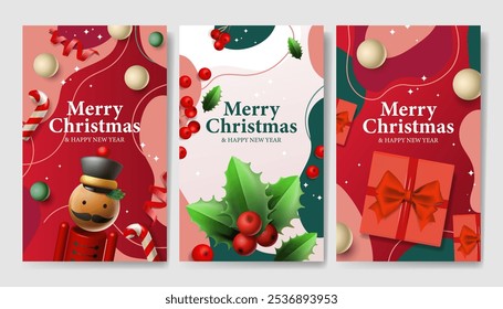 Merry Christmas vector set poster design. Christmas holiday cards collection with Nutcracker, gift box, holy berry, Xmas season decoration. Vector illustration