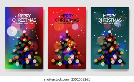 Diseño de póster de conjunto de Vector de Navidades alegres. Navidades tarjetas de vacaciones colección con árbol de Navidad brillante guirnalda bokeh silueta, cartel de temporada o tarjeta o flyer diseño Plantilla. Ilustración vectorial