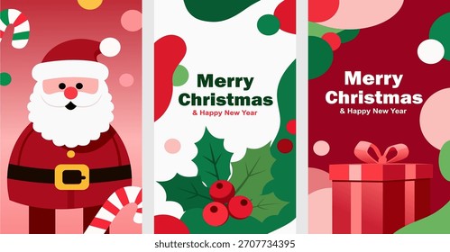 Frohe Weihnachten Vektor Set Plakat Design. Weihnachtskarten-Kollektion mit Geschenkbox, Holly Beeren, Weihnachtszeit Dekoration. Keine KI erzeugt.
