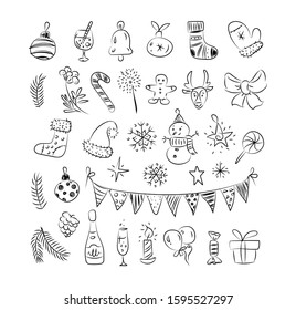 Merry Christmas vector sketch illustrations set. Black stylish Christmas elements for your project, decor, postcards, banners, invitations, icons, seals, packaging. Isolated on white.  EPS10