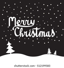 Merry Christmas vector with snowflakes the text and winter fir-trees.Holiday winter landscape.New 2017 Year banner, poster.Merry Christmas lettering typography.New Year greeting card, invitation.