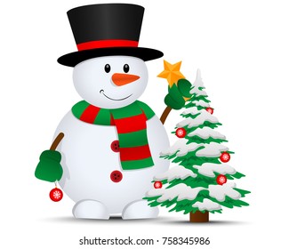 Merry christmas. Vector snowman. Christmas tree.