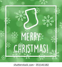 Merry Christmas vector with christmas socks outline icon. Winter design background with snowfall and bokeh and custom text.