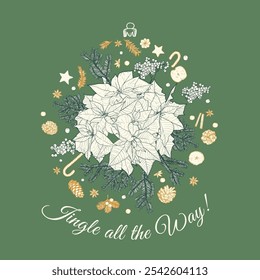 Merry Christmas vector square visual with Christmas vector elements shaped as a Christmas ball and curved text. Trendy vector hand drawn illustration for Christmas social media post.