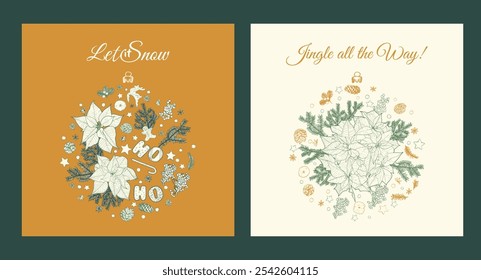 Merry Christmas vector square visuals with Christmas vector elements shaped as a Christmas ball. Trendy vector hand drawn illustration for winter social media post.