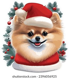 Merry Christmas vector sticker with a cute Pomeranian wearing a red Christmas cap, with Christmas gifts, white background, 12K, Ultra high resolution