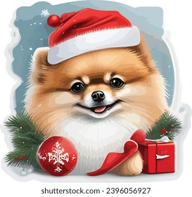 Merry Christmas vector sticker with a cute Pomeranian wearing a red Christmas cap, with Christmas gifts, white background, 12K, Ultra high resolution