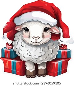 Merry Christmas vector sticker with a cute sheep wearing a red Christmas cap, with Christmas gifts