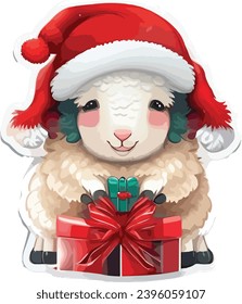 Merry Christmas vector sticker with a cute sheep wearing a red Christmas cap, with Christmas gifts