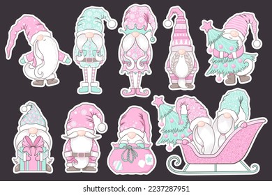 Merry Christmas vector stickers collection with cute pink hand drawn gnomes, Christmas trees and decorations isolated on dark background. Illustration set for card, print, banner, tags, planner