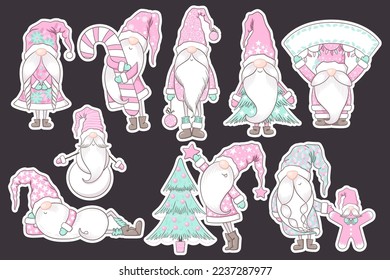 Merry Christmas vector stickers collection with cute pink hand drawn gnomes, Christmas trees and decorations isolated on dark background. Illustration set for print, card, banner, tags, planner
