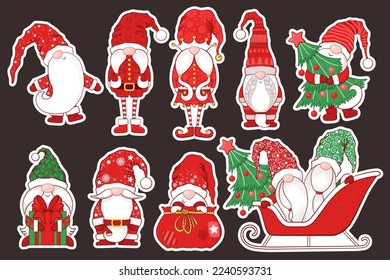 Merry Christmas vector stickers collection with cute red hand drawn gnomes, Christmas trees and decorations isolated on dark background. Illustration set for print, card, banner, tags, planner