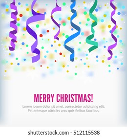 Merry Christmas vector streamers on confetti background. Festive streamers celebration background. Streamers and curved swirl paper ribbon. Streamers and confetti party popper for banner or background