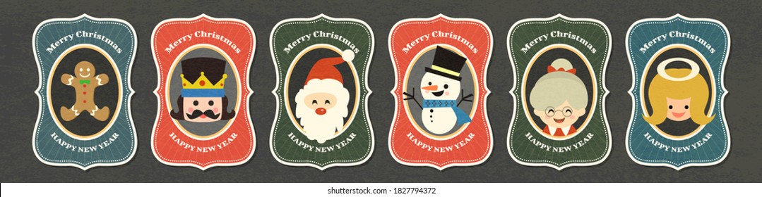 Merry Christmas vector tag with cute illustration .Merry Christmas and happy new year vector Greeting card collection set.