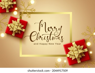 Merry christmas vector template design. Merry christmas typography text in gold empty space with gifts and snowflakes xmas element for greeting card background design. Vector illustration.
