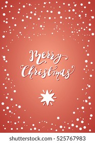 Merry Christmas Vector Template for Greeting Card. Calligraphy, Lettering and Star on Red backdrop