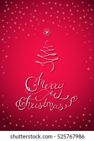 Merry Christmas Vector Template for Greeting Card. Calligraphy, Lettering and Red Backdrop