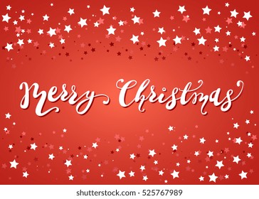 Merry Christmas Vector Template for Greeting Card. Calligraphy, Lettering and stars on a red backdrop