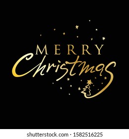Merry Christmas. Vector Text Background. Golden inscription on black background. Hand drawn inscription, calligraphic design.
