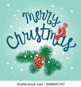 Merry Christmas vector text background with pine branch,pine cone and  red bird. Decorative elements drawn in realistic style and isolated on blue.Hand lettering for decorating cards, banners,flyers.