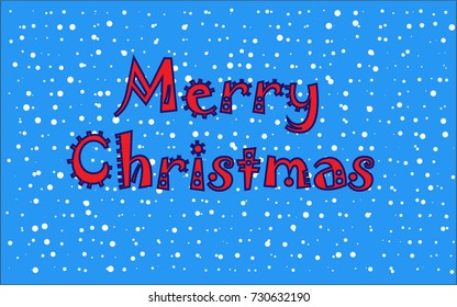 Merry Christmas vector text.  Blue background with falling snow pattern.