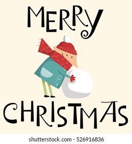 Merry Christmas vector text with a boy playing with a snowball