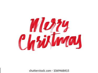 Merry Christmas vector text calligraphic. Lettering handwritten with watercolor red paint. text is isolated on white background. Vector illustration 