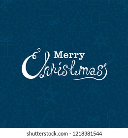 Merry Christmas vector text Calligraphic Lettering design card template. Creative typography for Holiday Greeting Gift Poster. Calligraphy Font style Banner. Blue Background.