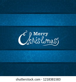 Merry Christmas vector text Calligraphic Lettering design card template. Creative typography for Holiday Greeting Gift Poster. Calligraphy Font style Banner. Blue Background.