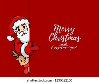 Merry Christmas vector text Calligraphic Lettering design card template.Santa Claus and reindeer with blank signboard.Happy smiling cartoon character.Holiday greeting card.Isolated vector illustration