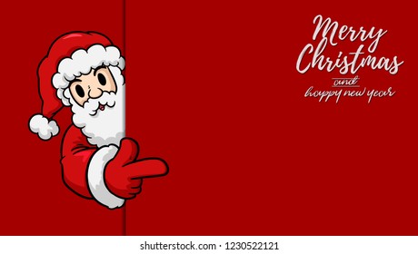 Merry Christmas vector text Calligraphic Lettering design card template. Santa Claus with blank signboard.Happy smiling cartoon character. Holiday greeting card. Isolated vector illustration.