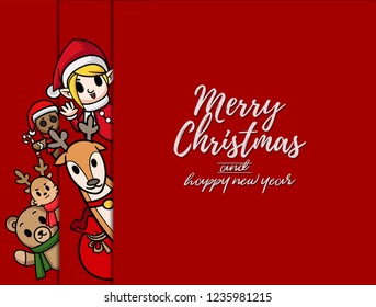 Merry Christmas vector text Calligraphic Lettering design card template.cartoon character Elf and reindeer and Teddy Bear with red blank signboard.Holiday greeting card.Isolated vector illustration