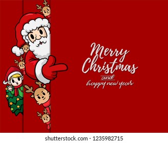 Merry Christmas vector text Calligraphic Lettering design card template for website cover.cartoon character Santa Claus and friend with red blank signboard,vector illustration and copy space for text.