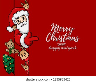 Merry Christmas vector text Calligraphic Lettering design card template for website . Santa Claus with red blank signboard. Happy smiling cartoon character. Holiday greeting card vector illustration.