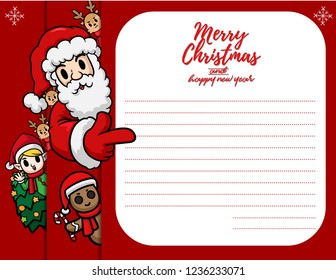 Merry Christmas vector text Calligraphic Lettering design card template for website . Santa Claus with red blank signboard. Happy smiling cartoon character. Holiday greeting card vector illustration.