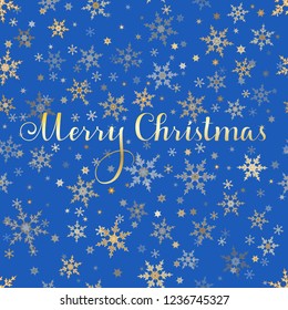 Merry Christmas vector text, Calligraphic Lettering design card template. Creative typography for Holiday Greeting Gift Poster. Calligraphy Font style Banner, blue background with gold snowflakes.