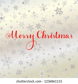 Merry Christmas vector text, Calligraphic Lettering design card template. Creative typography for Holiday Greeting Gift Poster. Calligraphy Font style Banner, silver snowflakes background.