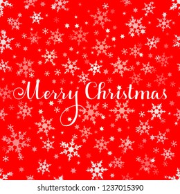 Merry Christmas vector text, Calligraphic Lettering design card template. Creative typography for Holiday Greeting Gift Poster. Calligraphy Font style Banner, white snowflakes on red background.