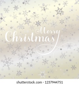 Merry Christmas vector text, Calligraphic Lettering design card template. Creative typography for Holiday Greeting Gift Poster. Calligraphy Font style Banner, silver snowflakes background.