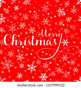 Merry Christmas vector text, Calligraphic Lettering design card template. Creative typography for Holiday Greeting Gift Poster. Calligraphy Font style Banner, white snowflakes on red background.