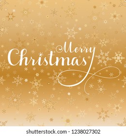 Merry Christmas vector text, Calligraphic Lettering design card template. Creative typography for Holiday Greeting Gift Poster. Calligraphy Font style Banner, gold background with snowflakes.