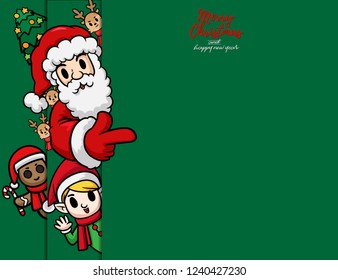 Merry Christmas vector text Calligraphic Lettering design card template for website . Santa Claus with Gree blank signboard. Happy smiling cartoon character. Holiday greeting card vector illustration.