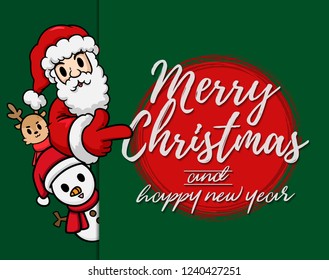 Merry Christmas vector text Calligraphic Lettering design card template for website . Santa Claus with Gree blank signboard. Happy smiling cartoon character. Holiday greeting card vector illustration.