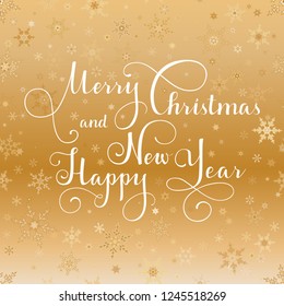 Merry Christmas vector text, Calligraphic Lettering design card template. Creative typography for Holiday Greeting Gift Poster. Calligraphy Font style Banner, gold background with snowflakes.