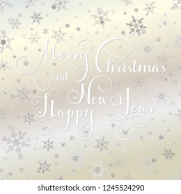 Merry Christmas vector text, Calligraphic Lettering design card template. Creative typography for Holiday Greeting Gift Poster. Calligraphy Font style Banner, silver snowflakes background.