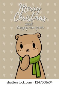 Merry Christmas vector text Calligraphic Lettering design card template for website . bear with light brown signboard. Happy smiling cartoon character. Holiday greeting card vector illustration.