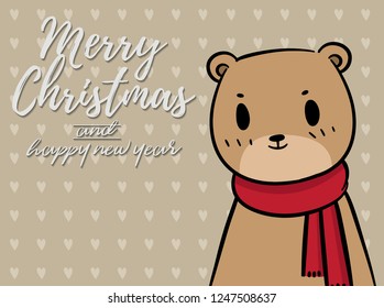 Merry Christmas vector text Calligraphic Lettering design card template for website . bear with light brown signboard. Happy smiling cartoon character. Holiday greeting card vector illustration.